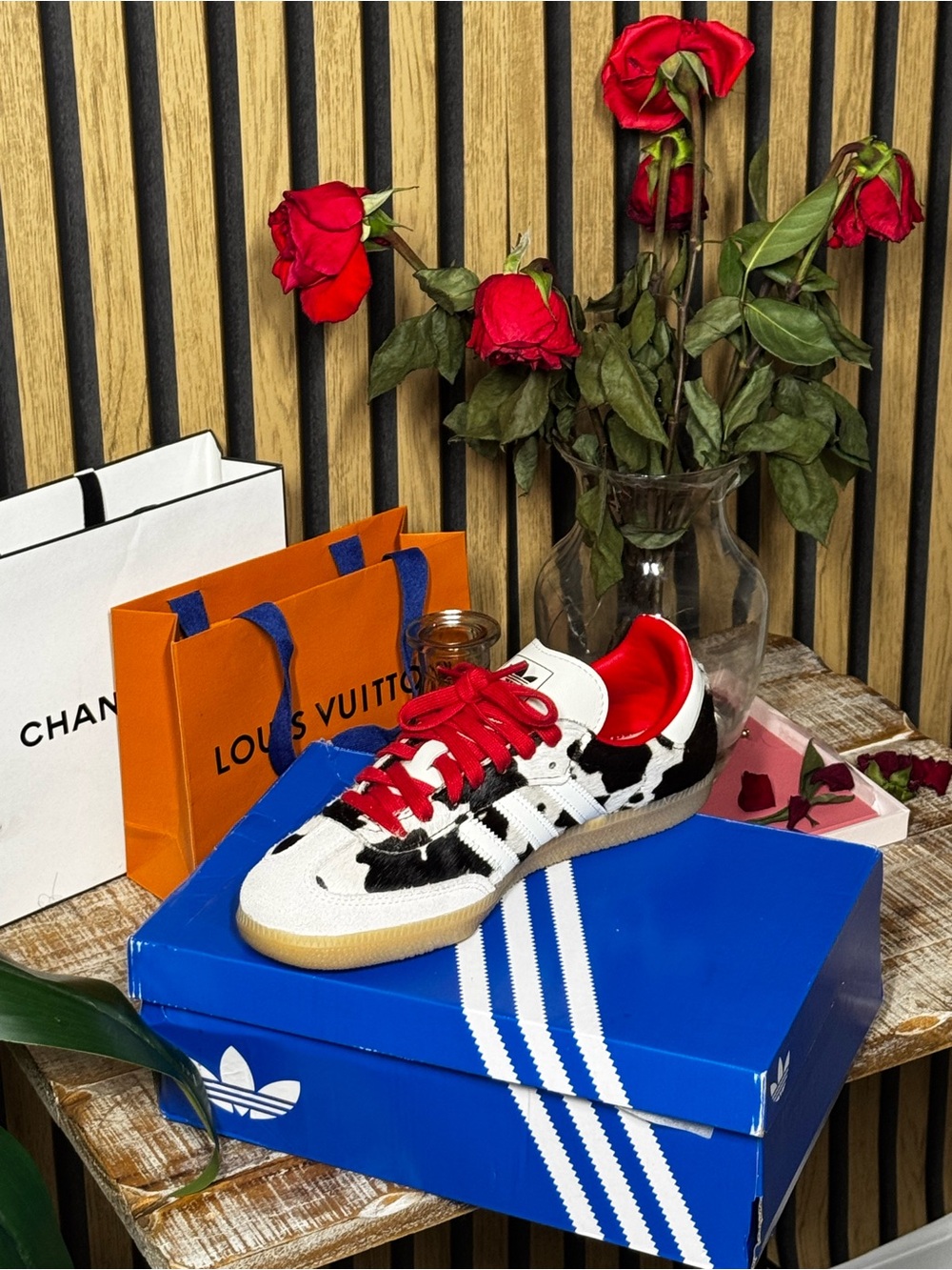 Adidas Cow-Print Sneakers in White, Black & Red
